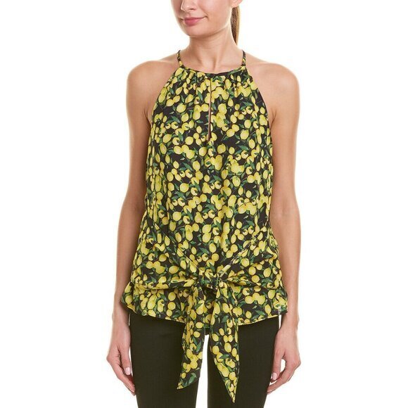 Parker Lemon Print Yellow Top Halter Neck Front Tie Chiffon Blouse Sz S NWT - Picture 1 of 2